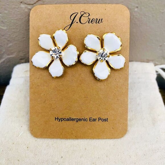 💜 J. Crew White Enamel Flower Earrings With Crystal Center & Gold Trim  Hypoall - Picture 4 of 4